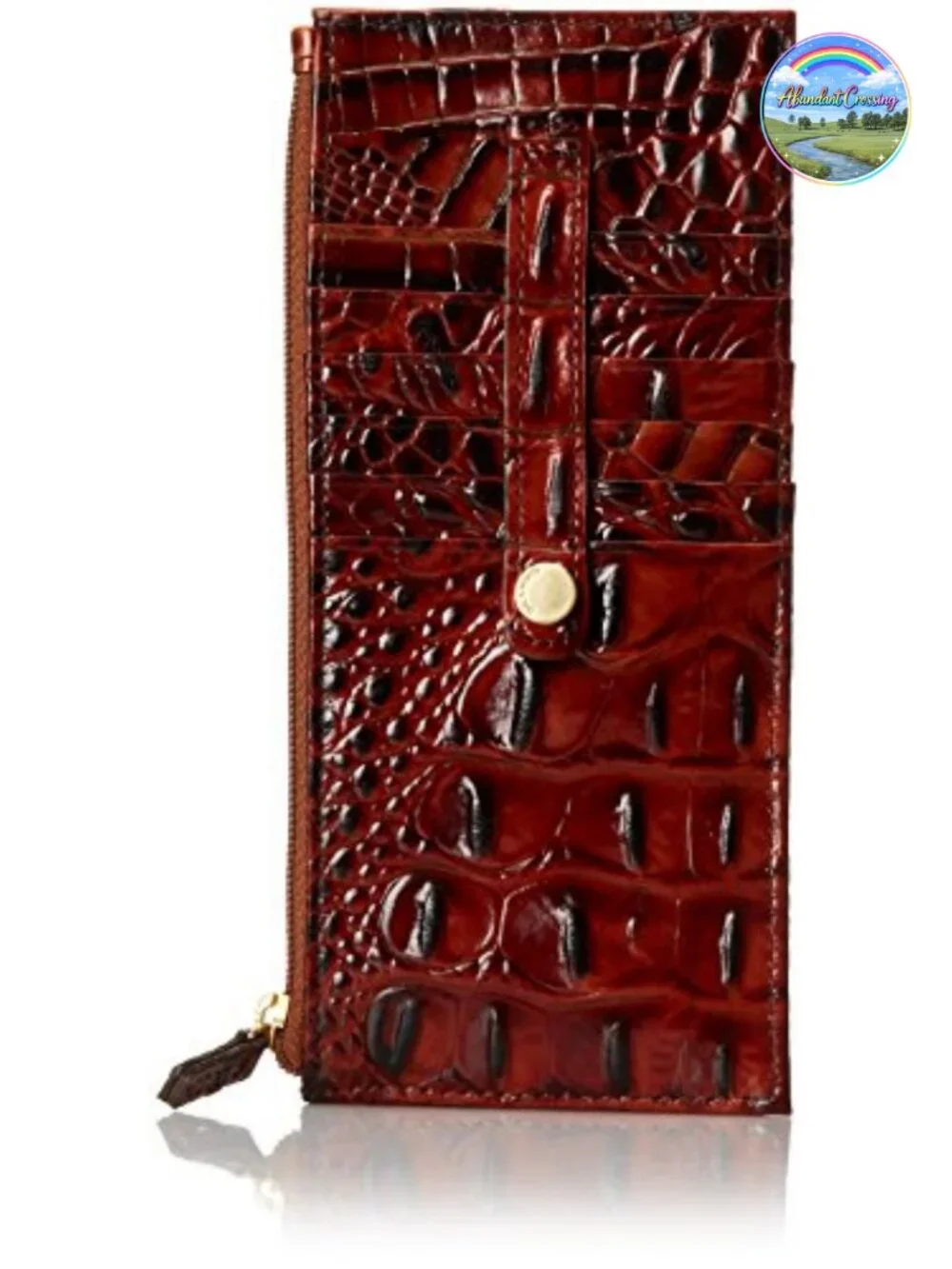 Leather Tri-Fold Wallet with 10 Card Slots, ID Window, Zip Top